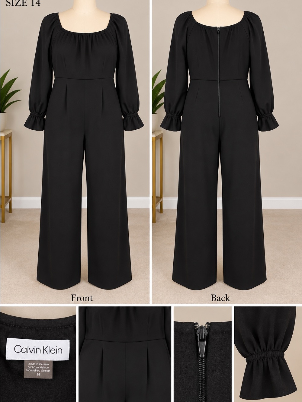 Calvin Klein Black Square-Neck Long-Sleeve Wide-Leg Jumpsuit